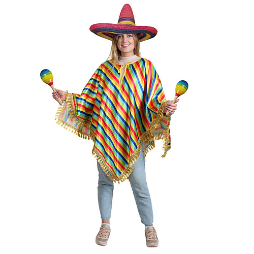 Мексиканское пончо атласное в цветные полоски